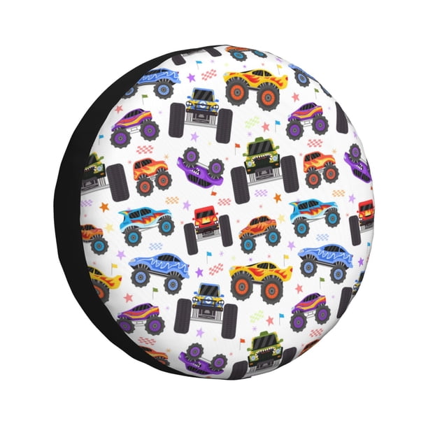 Fotbe Cartoon Monster Trucks1 Funda de Llanta de Repuesto con Estampado, Engrosada, Ajuste Universal para Jeep, Remolque, RV, SUV, Camión-14 inch