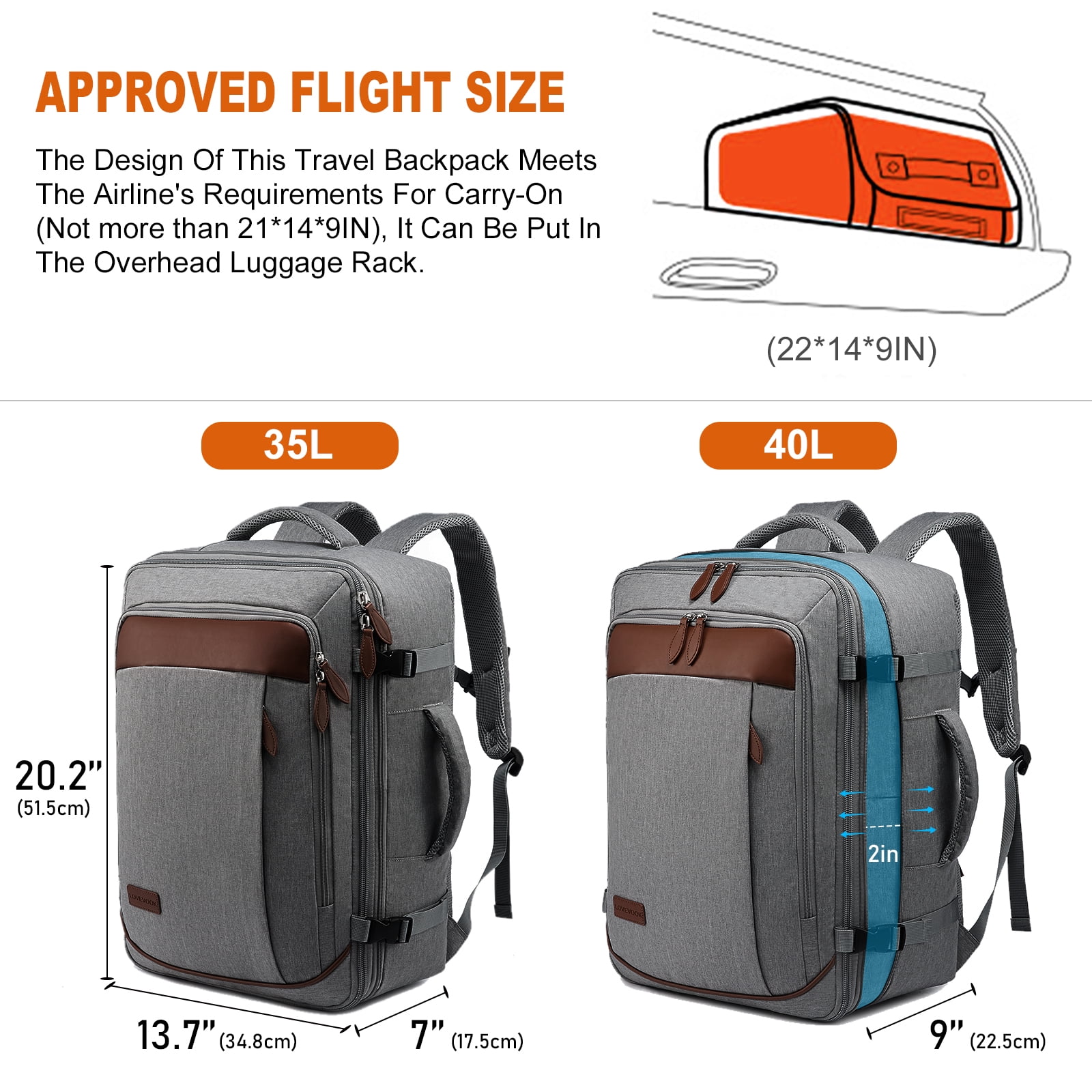 Lovevook College School Backpack, 40L Expandable Carry On Luggage Backpack Flight Approved, Large Waterproof Hiking Outdoor Overnighter Bag for Men Women