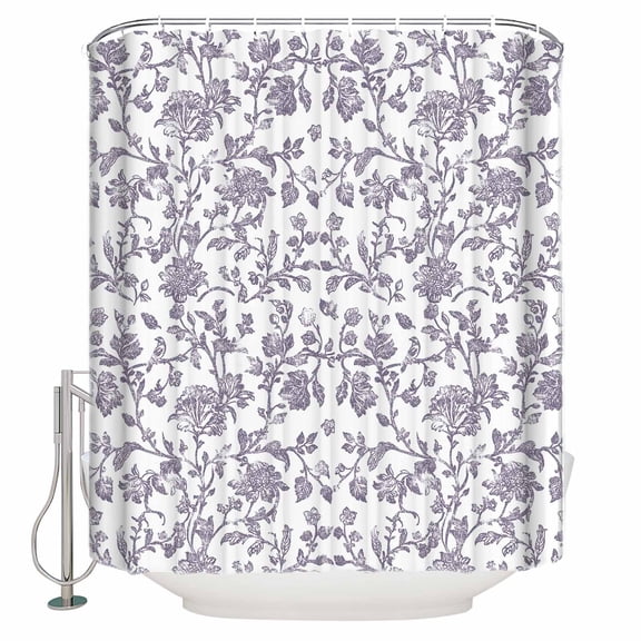 Grey-Purple Flower Bathroom Shower Curtains with 12 Hooks Polyester Waterproof Shower Curtain for Stalls and Bathtubs Vintage Farmhouse Boho Leaf Spring Decorative Bathroom Curtain 66x72 Inches