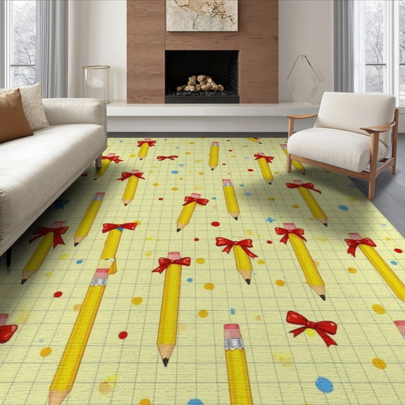 ODIKA 8'x10' Washable Area Rug Classroom Pencil Educational Dot Spots Abstract School for Living Room, Under Sectional, Family , Durable, Non-Slip
