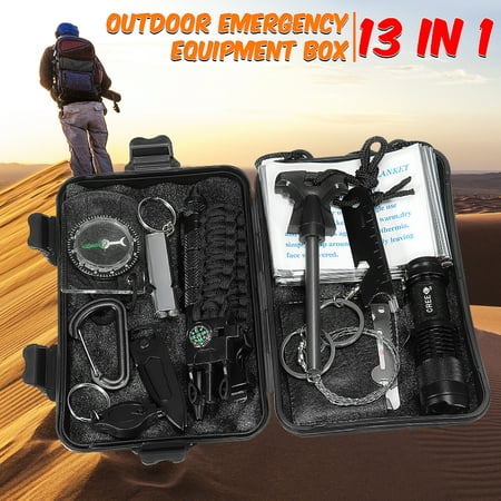 13 in 1 Outdoor SOS Survival Kit Multi-Purpose Emergency Equipment Supplies First Aid Survival Gear Tool Tactics Kits Set Package Box for Outdoor Travel Hiking Camping
