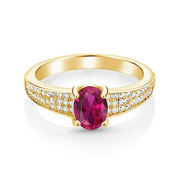 Gem Stone King 18K Yellow Gold Plated Silver Red Created Ruby Engagement Ring for Women (1.83 Cttw, Oval 8X6MM, Gemstone July Birthstone, Available in Size 5, 6, 7, 8, 9)