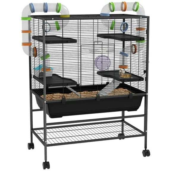 Spaco Small Animal Cage for Syrian Hamster, Gerbil Cage with Tubing System, Running Wheel, Ramps, Platforms, Black