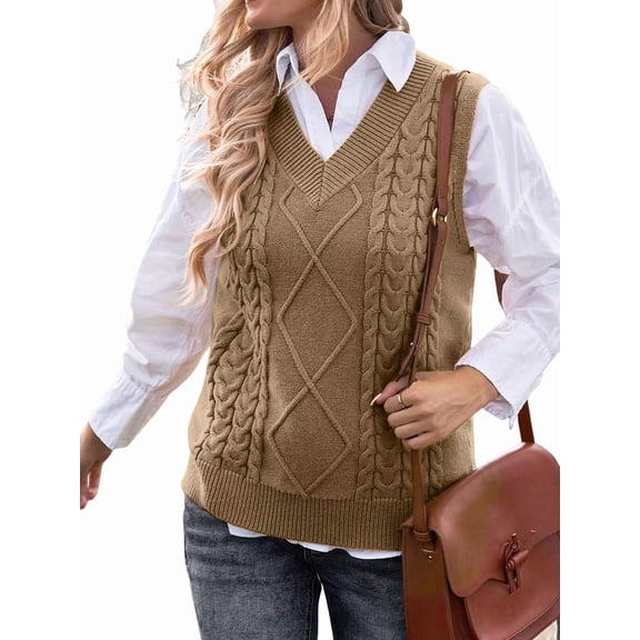Oversized Sweater Vest for Women V Neck Sleeveless Solid Color Loose Pullover Sweater Khaki S