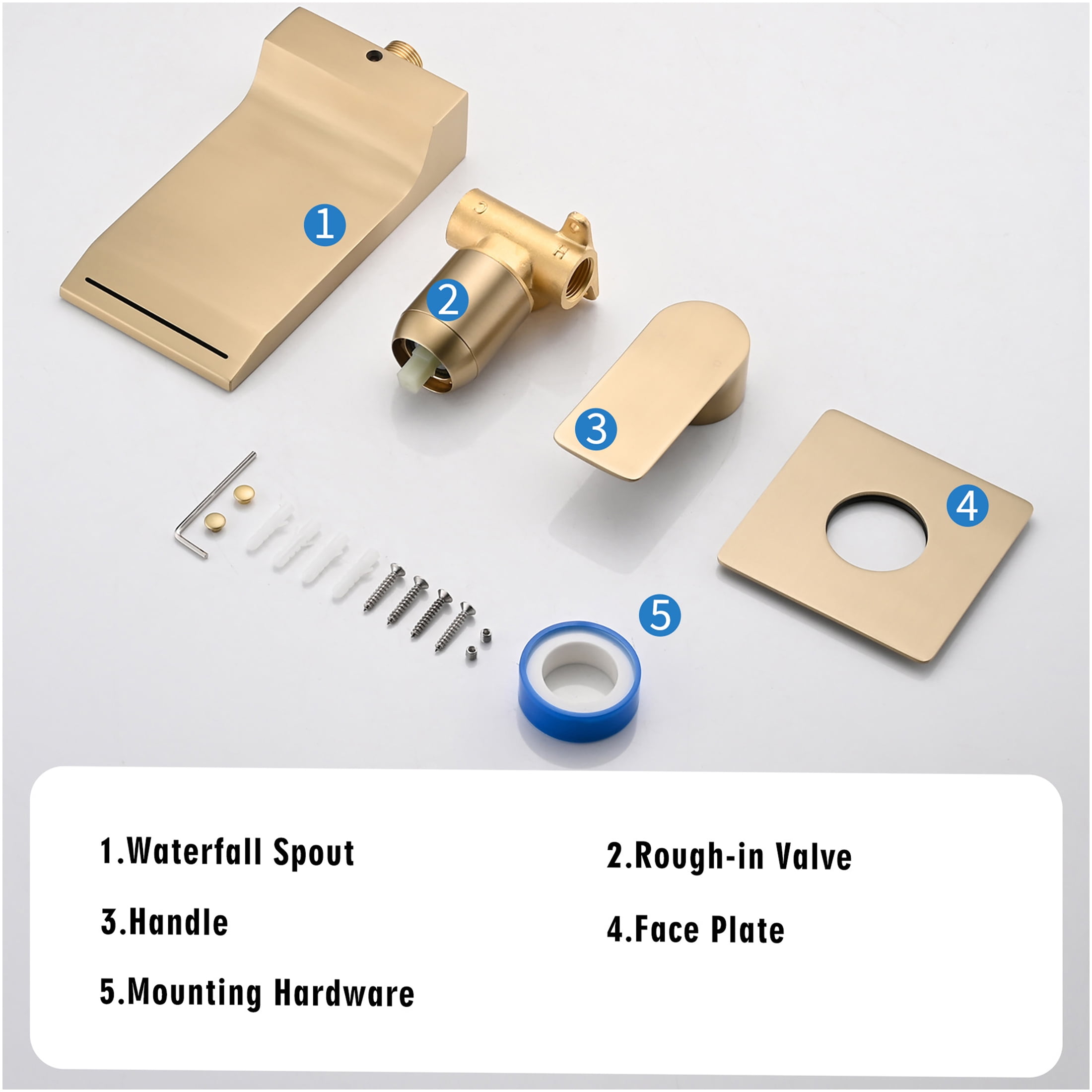 JERFIT Modern Wall Mounted Single Handle Waterfall Bathtub Faucet, Brushed Gold Stainless Steel, Anti-Fingerprint, 2-Hole Mount