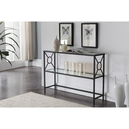 Textures Glass Table (Colton Textured Black & Brushed Copper Metal With Transparent Tempered Glass Modern 2 Storage Shelf Occasional Entryway Console Sofa)