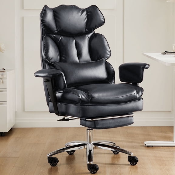 KPUY Ergonomic PU Leather Big Tall Office Chair, High Back Executive Desk Swivel Chair with Footrest, Detachable Lumbar Support, Reclining Height Adjustable, Black 