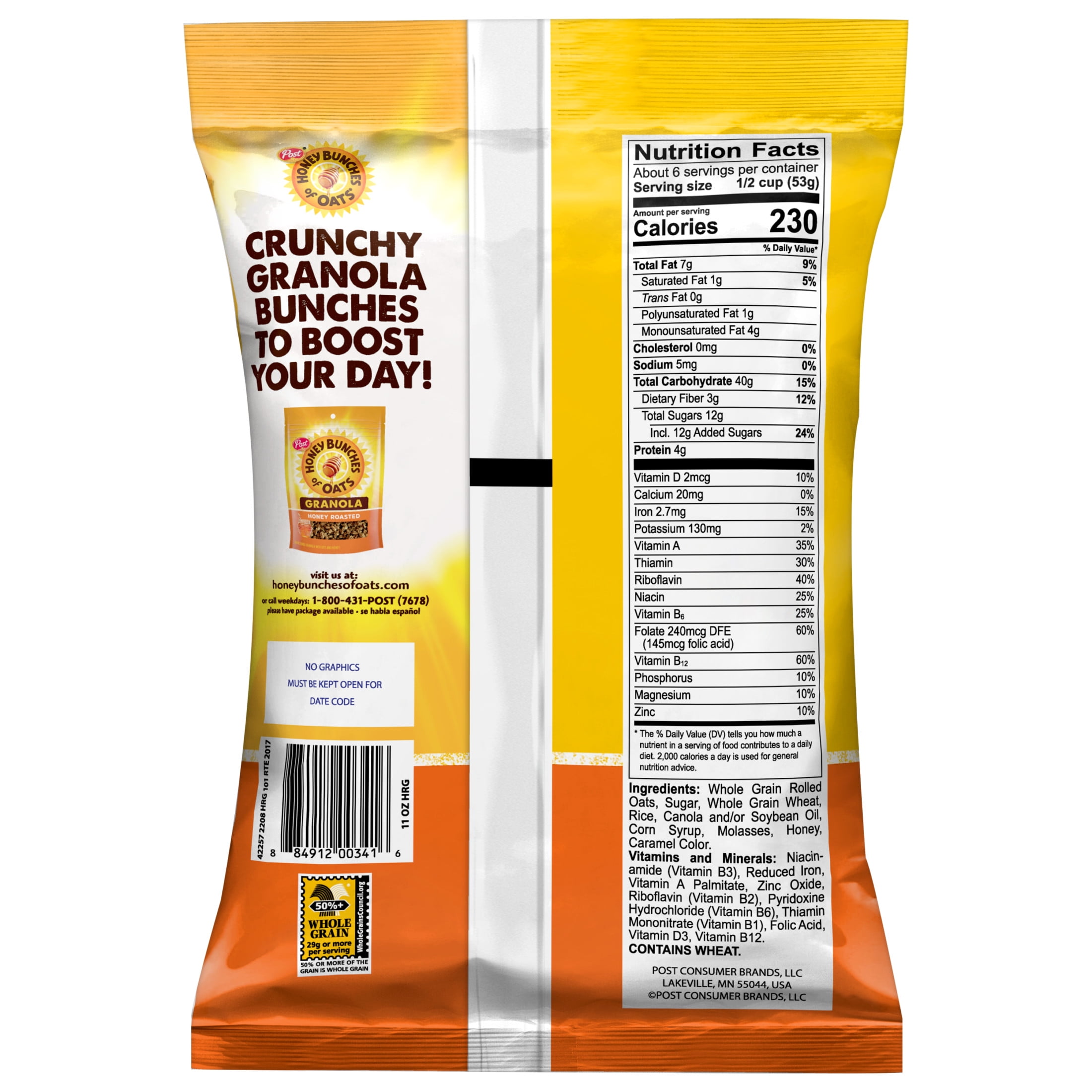 (6 pack) Honey Bunches of Oats Honey Roasted Granola Cereal, 11 oz Bag