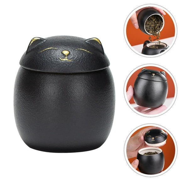 SEWCHICS Ceramic Cat Tea Canister Black Decorative Storage Jar with Airtight Seal for Kitchen and Home Organization