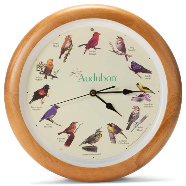 Reloj de pared Mark Feldstein Audubon, pájaro cantor, madera de roble, 13 cm