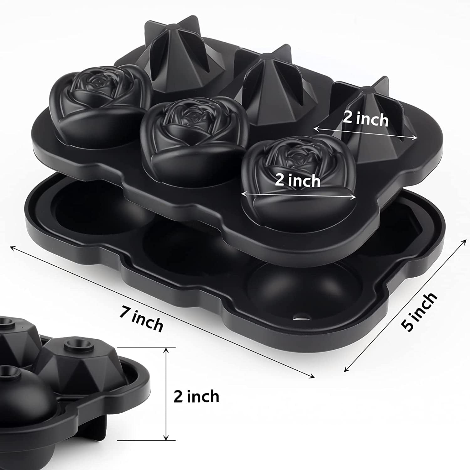 Ice Cube Tray, 2 inch Rose Ice Cube Trays With Covers, 3 Cavity Silicone Rose Ice Tray & 3 Diamond Ice Ball Maker, Easy Release Large Ice Cube Form for Chilled Cocktails, Whiskey Juice Black