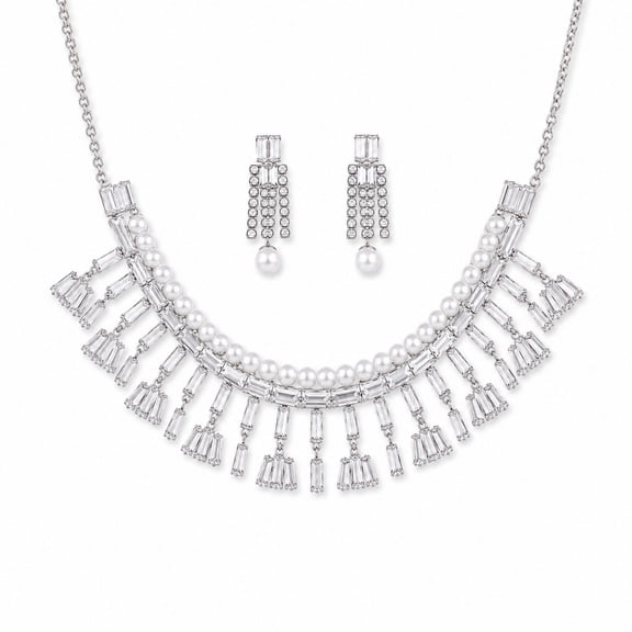 AlKhalil - Elegant Pearl & Clear Gems Necklace and Earrings Set – Formal Party, Wedding & Gift Jewelry