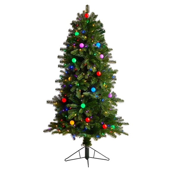 Nearly Natural 5ft. Montana Mountain Fir Artificial Christmas Tree with 300 Multi Color LED Lights, 30 Globe Bulbs and 574 Bendable Branches