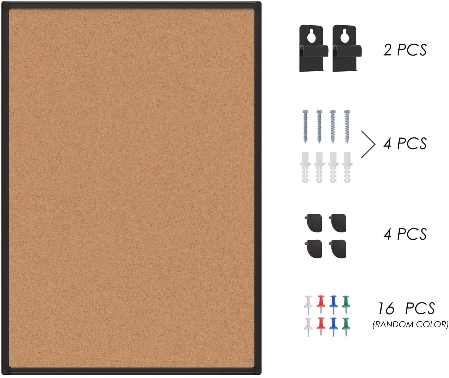 Cork Board Bulletin Board 20“ x 30”, Black Wood Framed Corkboard, Office Board for Wall Cork, Large Wall Mounted Notice Pin Board with 16 Push Pins for School, Home & Office