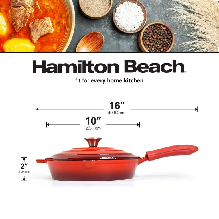 Hamilton Beach Enameled Cast Iron Fry Pan with Lid 10-Inch Red, Cream Enamel  coating, Skillet Pan For Stove top and Oven, Even Heat Distribution, Safe  Up to 400 Degrees, Durable and Dishwasher