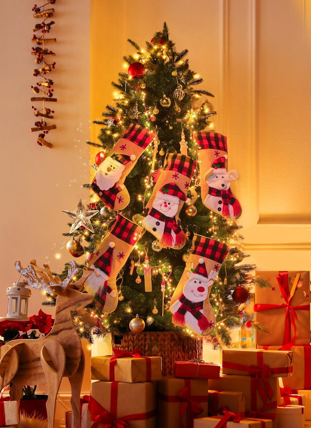 TETOU 4Pcs 18" Christmas Stocking, Burlap Plaid Xmas Stocking with Personalized Name Tag & 3D cartoon Character Santa Snowman Elk Gnome, Christmas Decoration for Indoor Family Kids Holiday Party