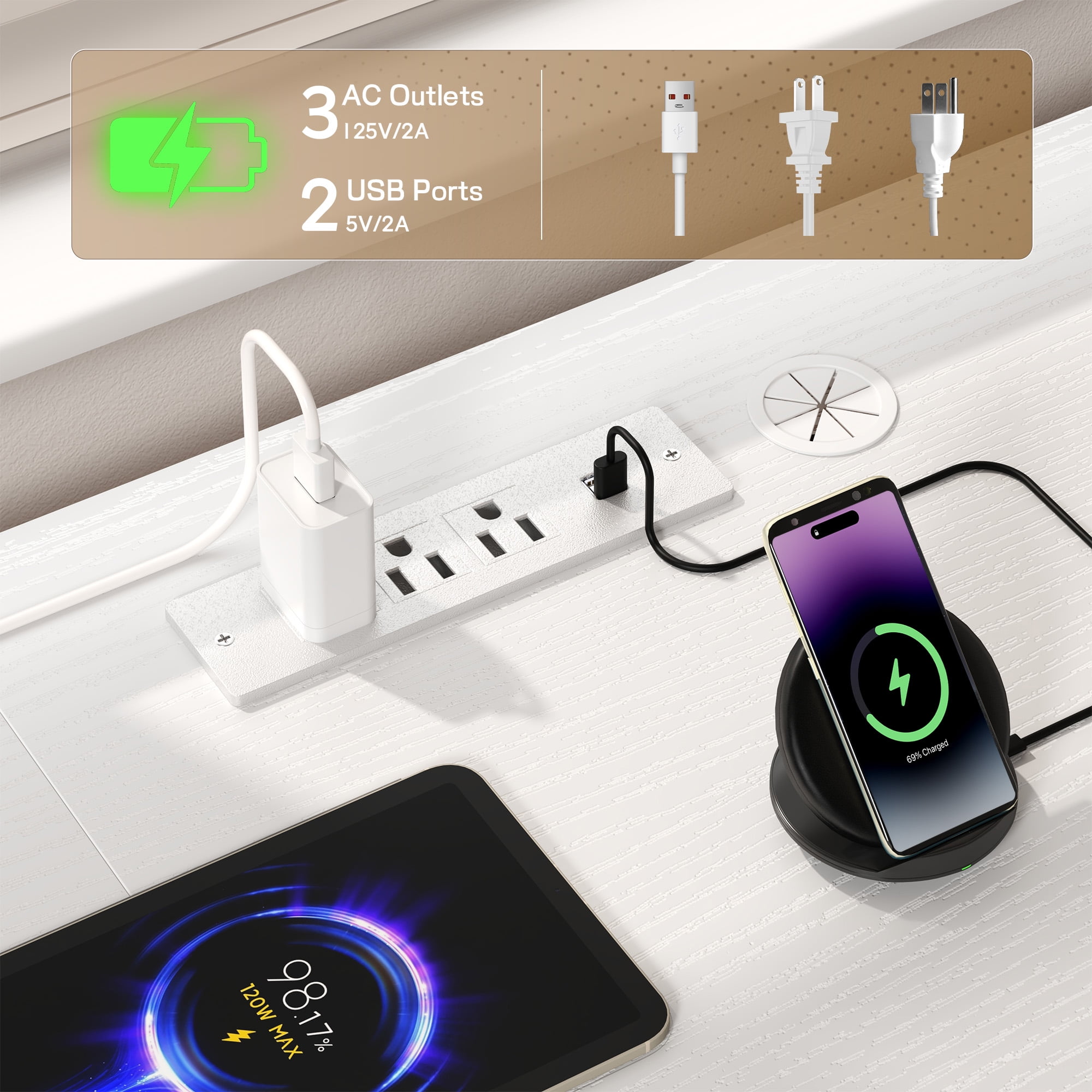 EnHomee Computer Desk with Storage Reversible Gaming Desk with Outlets L-Shaped Desk with LED Lights,White