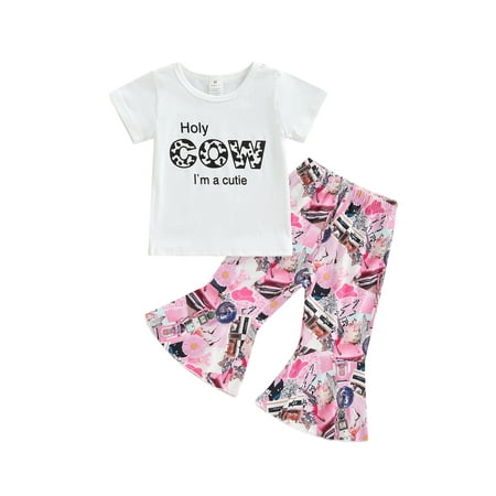 

Bagilaanoe 2pcs Toddler Baby Girls Flare Pants Set Short Sleeve Letters Print T-shirt Tops Elastic Waist Trousers Little Girl Casual Outfit