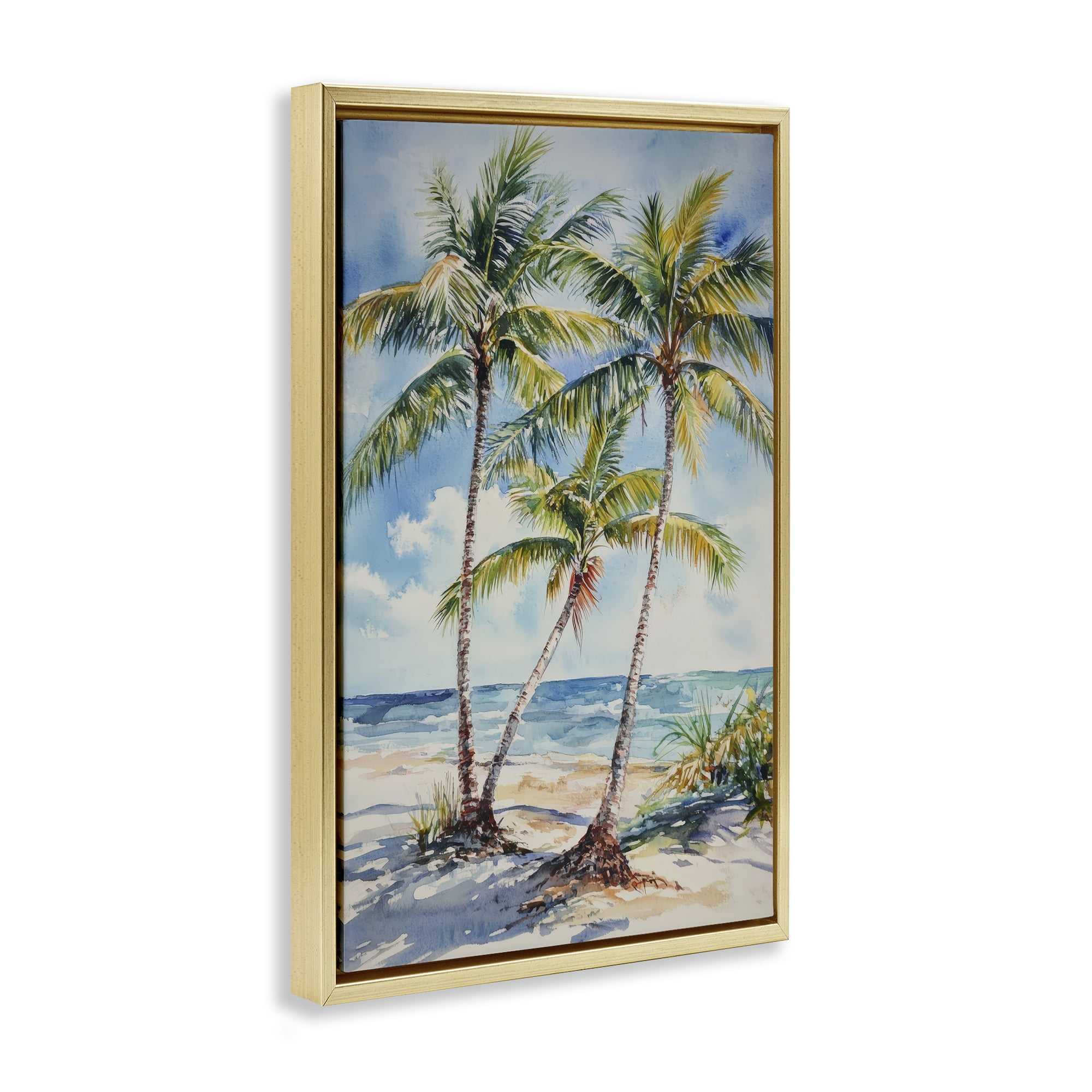 Stupell Industries Windy Palm Trees on Shore Gold Framed Floater Canvas Wall Art, design by Petal Prints Design