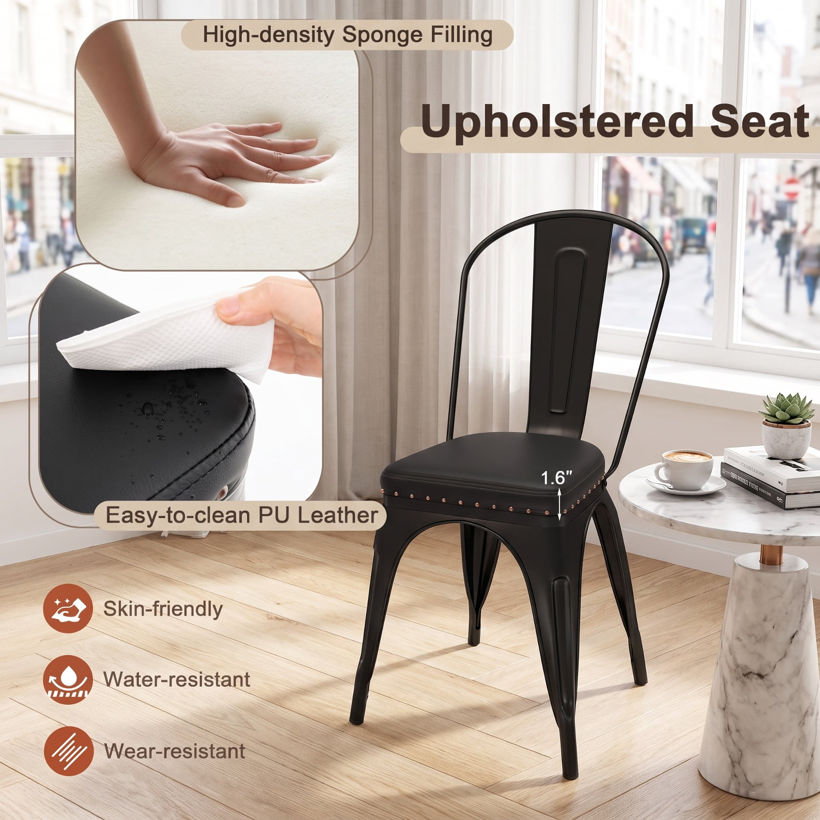Furnibear Metal Dining Chair Set of 4 Stackable Kitchen Chairs with Removable Backs and PU Leather Cushioned Seat for Kitchen Dining Room, Black