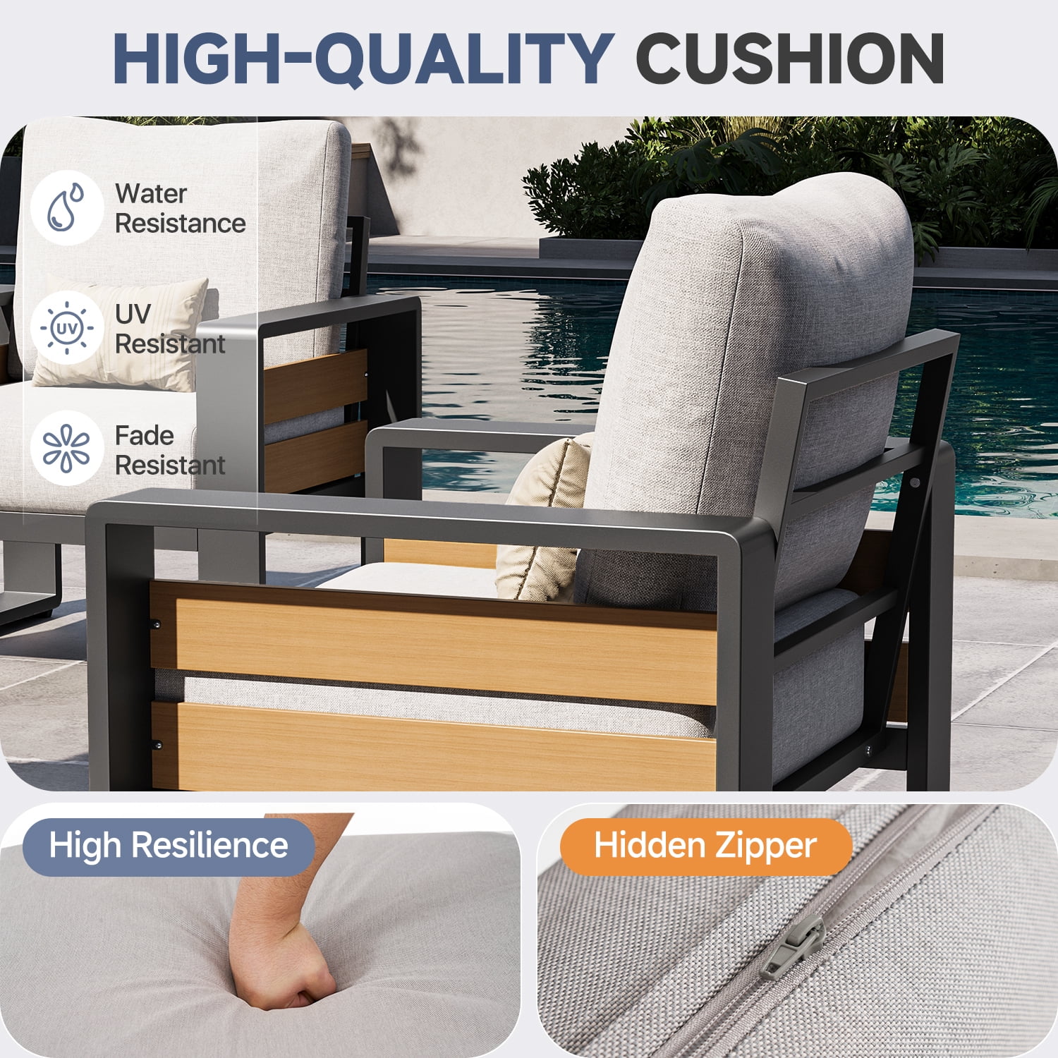 BaPiPro 5-Piece Aluminum Patio Furniture Set, Modern Outdoor Conversation Set with 3-Seater Sofa, Loveseat, 2 Armchairs & Coffee Table, All-Weather Light Gray Cushions for Backyard, Porch, Deck