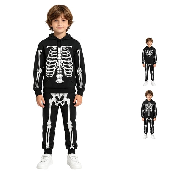 JAJAHO Boys Halloween Outfits Hoodies And Sweatpants Sets Skeleton Printed Long Sleeve Sweatshirts Ankle-Tied Pants 2 Piece Set 3-13Y