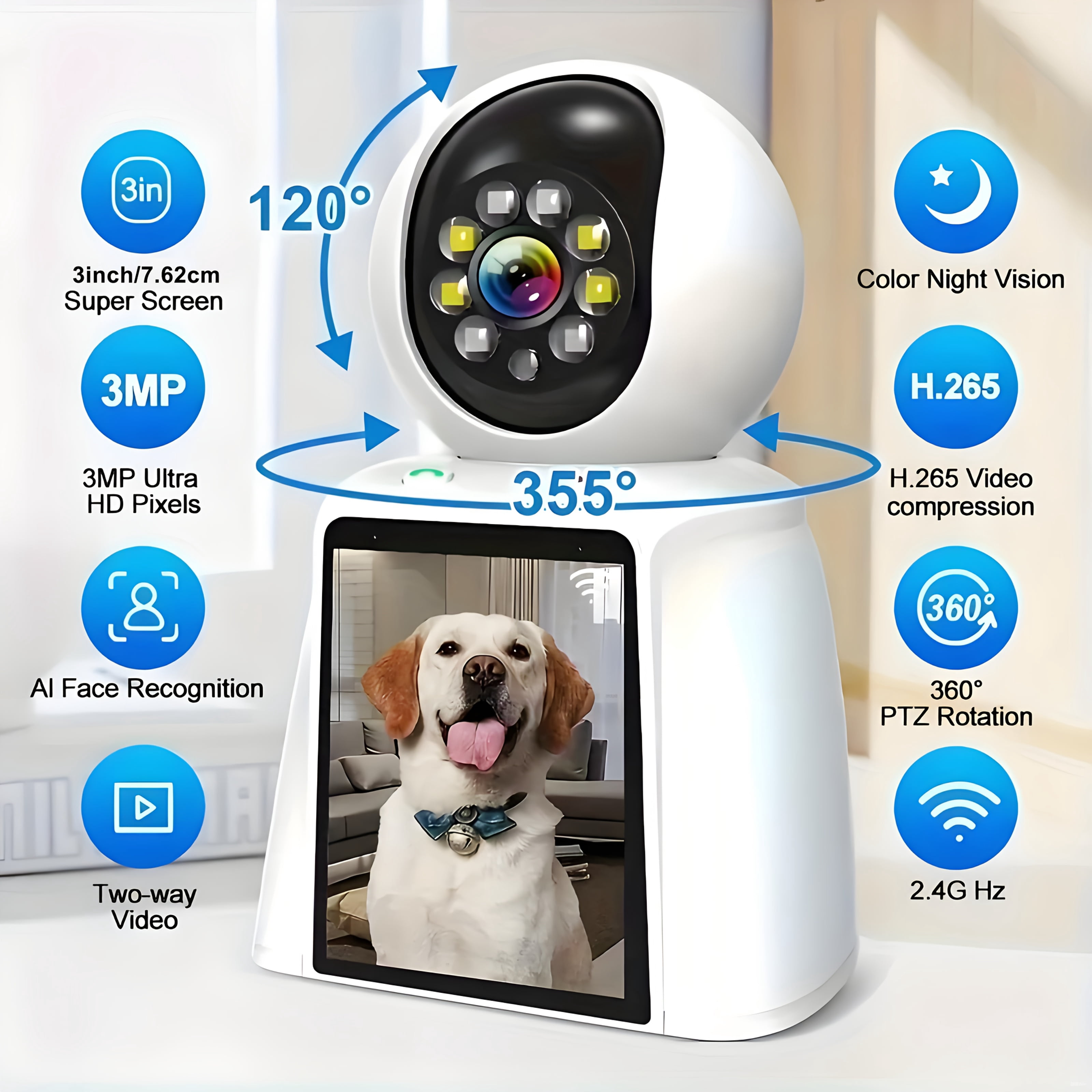 Smart Pet Camera with 3 Inch Screen, WiFi Baby Monitor for Home Security Indoor, 2 Way Talk, Motion Detection, 24/7 Recording, Smartphone App Control