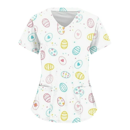 

Women Scrubs Top Working Uniform Nurses Clothing Workwear Easter Cartoon Rabbit Printed Short Sleeve V-Neck Workwear TShirt Top Blouse With Pockets