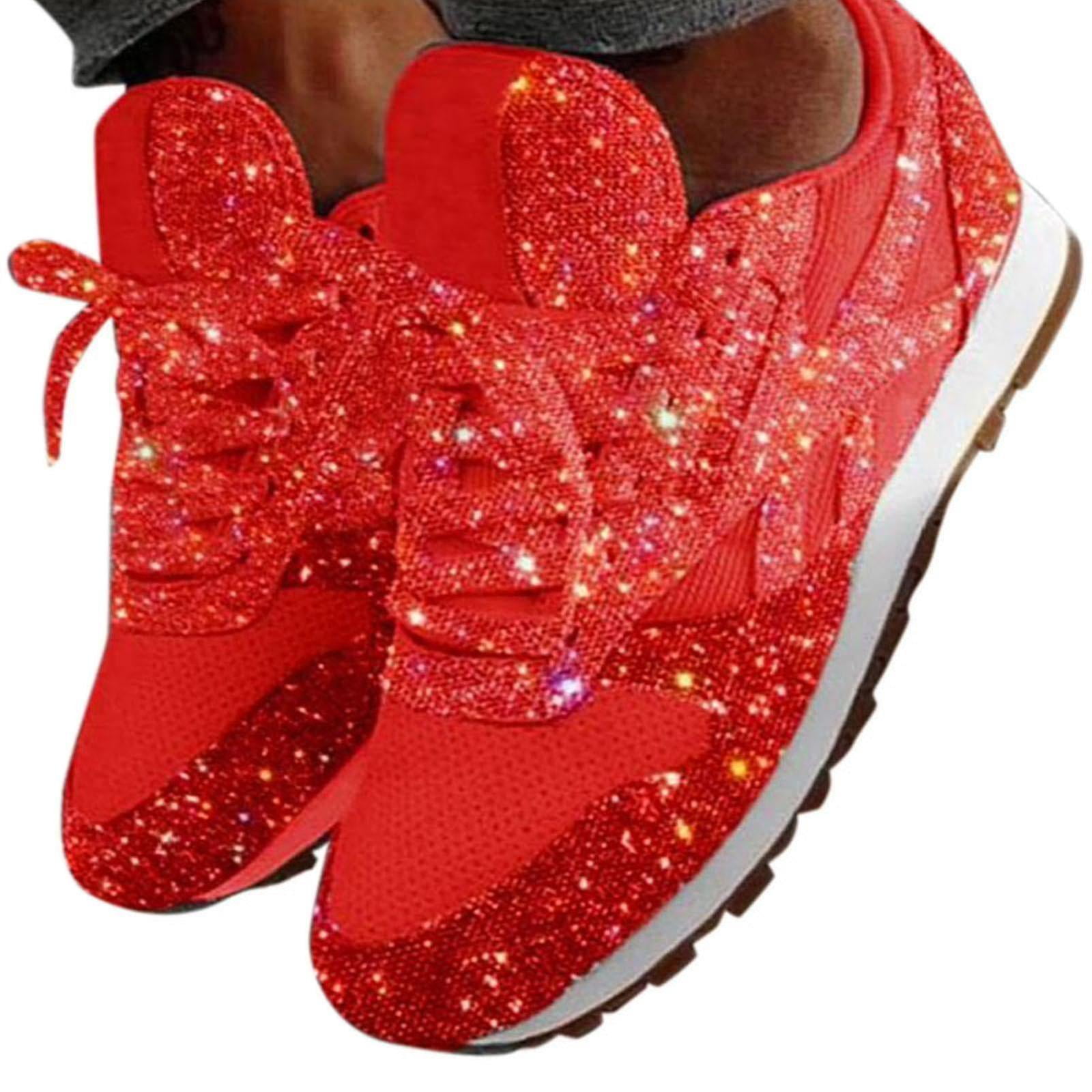 Womens Sparkly Trainers Glitter Sequins Sneakers Lace Up Sports Shoes