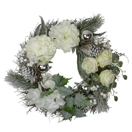 24 in. White & Silver Floral Flocked Pine Artificial Grapevine Christmas Wreath - Unlit