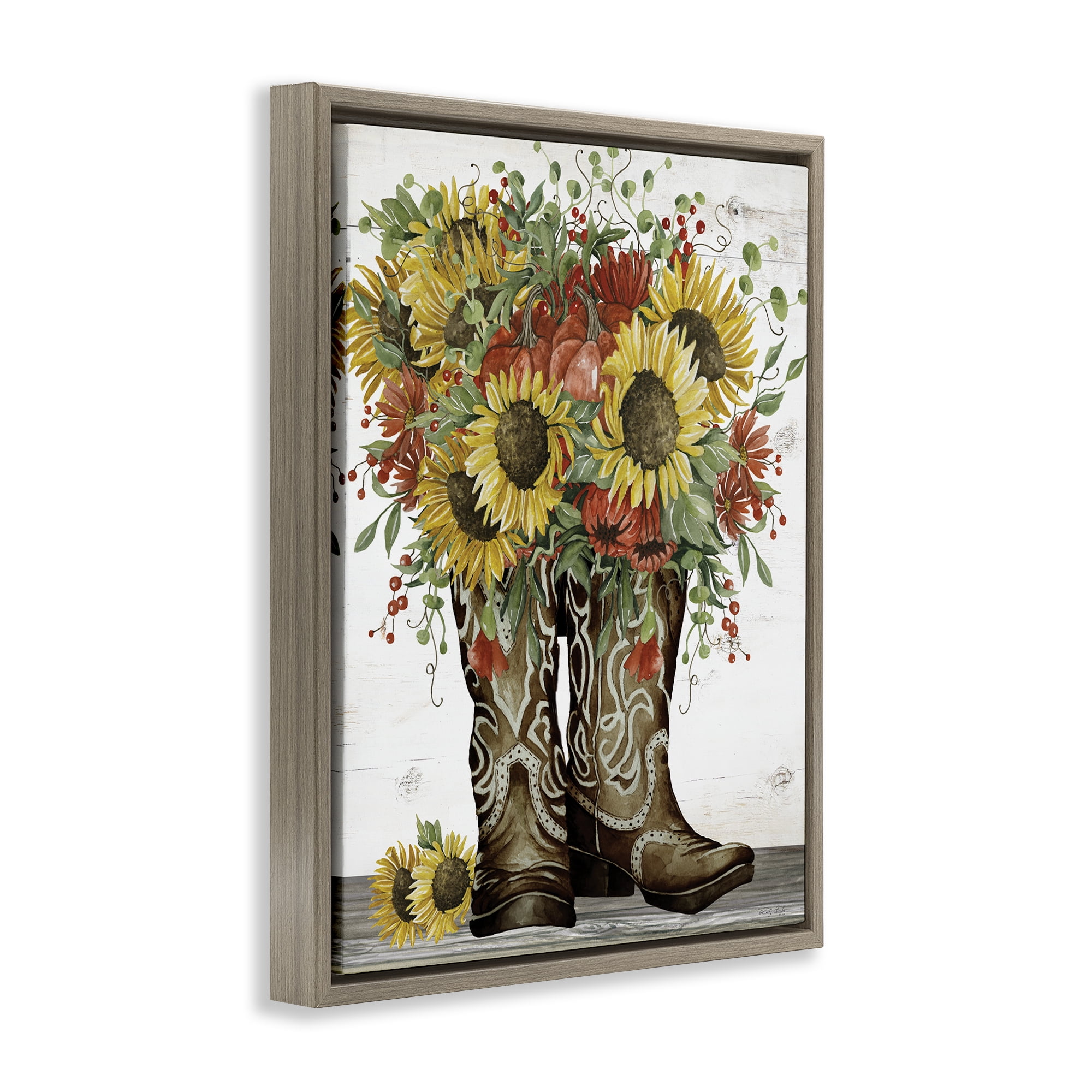 Stupell Industries Sunflowers in Western Boots Plants & Flowers Painting Brown Floater Framed Canvas Art Print Wall Art, 25 x 31