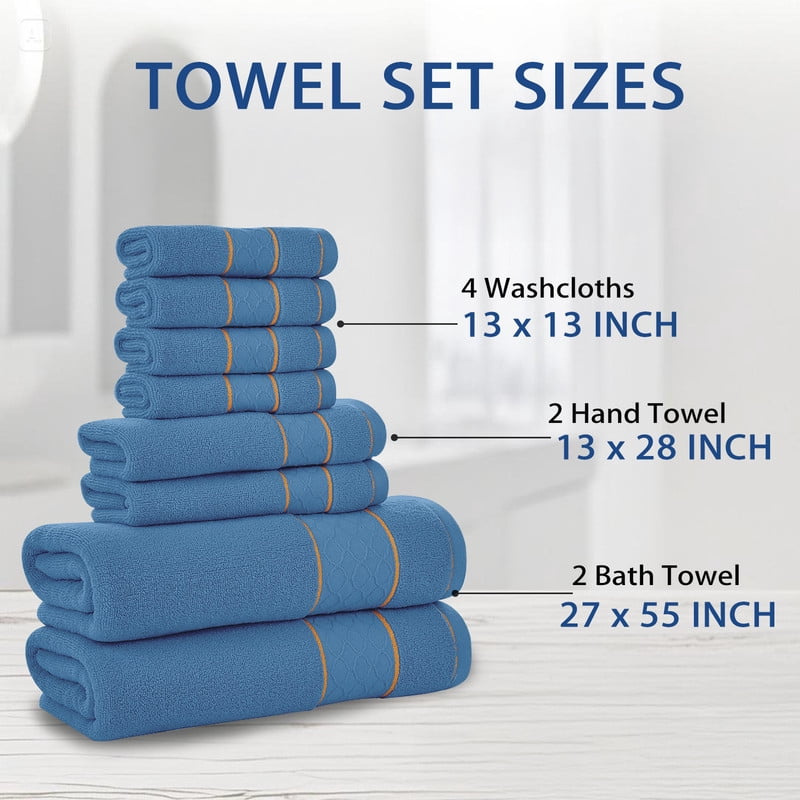 JML Blue Bath Towel Set of 8 Pieces - Cotton Blend Highly Absorbent Towels for Bathroom, 2 Soft Bath Towels, 2 Hand Towels, 4 Washcloths