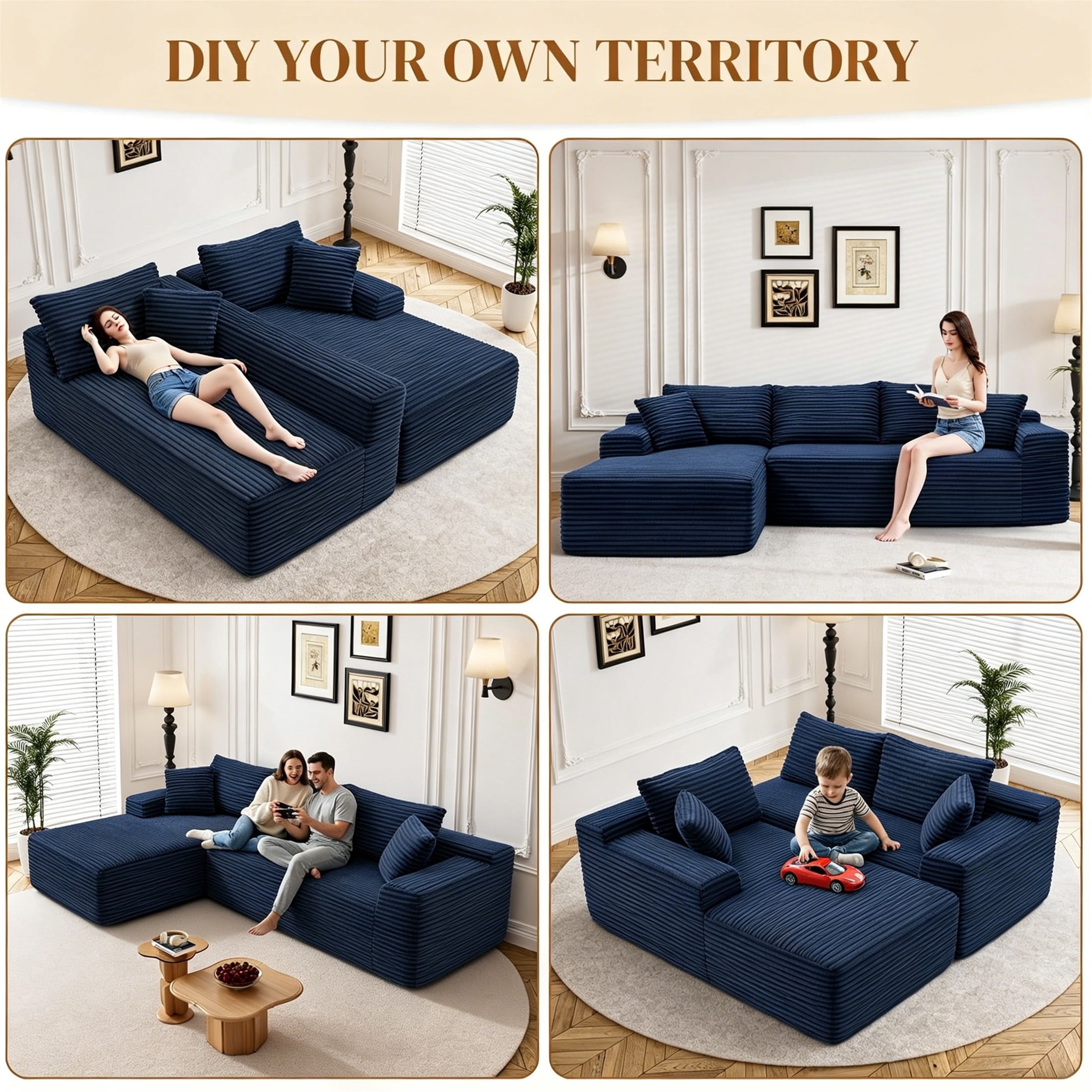 Aukfa 96" Cloud Sectional Sofa Deep Seat Boneless Couch Modular L-Shaped Couch, Left Chaise Corduroy Sofa for Living Room, Blue