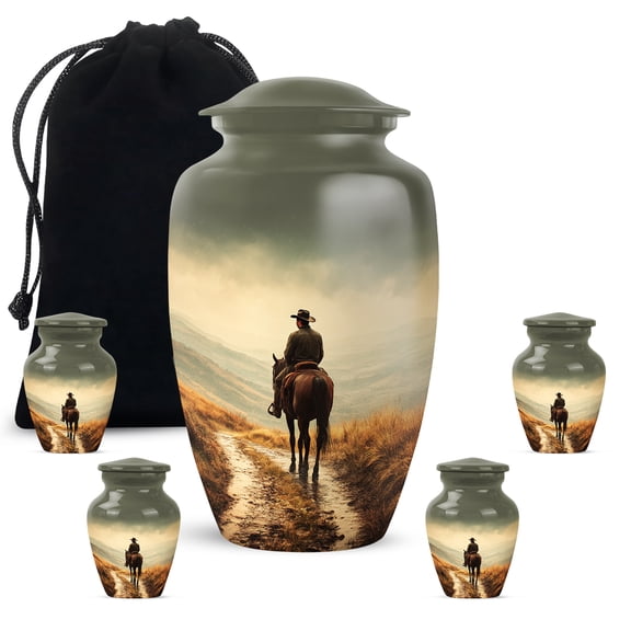 JAGASY Cowboy Cremation Urns Set of 5, Grey Large Urn for Ashes for Women, Horse Mountain & Grass Decorative Urns for Human Ashes Keepsake, Miniature Urn for Mom & Dad, (1 Large, 10"; 4 Small, 3")