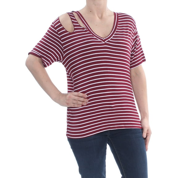 ULTRA FLIRT Womens Burgundy Cut Out Striped 3/4 Sleeve V Neck Top S