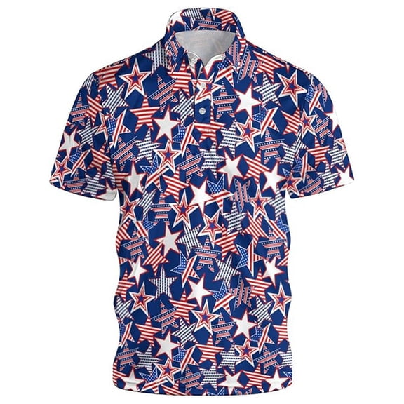 FUZHIQ 4th of July Men's Polo Shirts Short Sleeve Quick Dry Patriotic American Flag Star Print Golf Polo Casual Holiday Breathable Collared Shirts,M