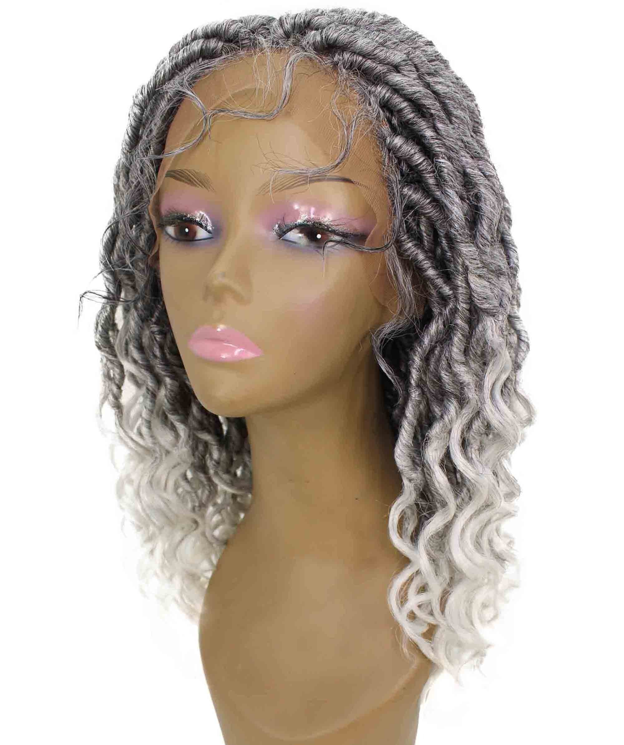 LUXLUXE Andrea Curly Long 4X4 Hand Tied Lace Braid Braided Wig, Beauty Heat Resistant Fiber, Black To White Ombre