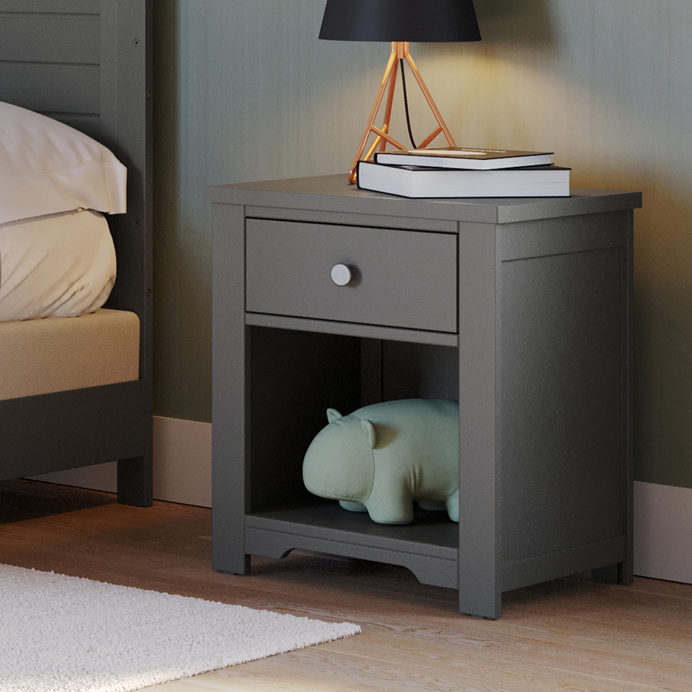 Child Craft Harmony Nightstand with Drawer & Open Cubby Storage, Pine Wood Construction, Brushed Pebble