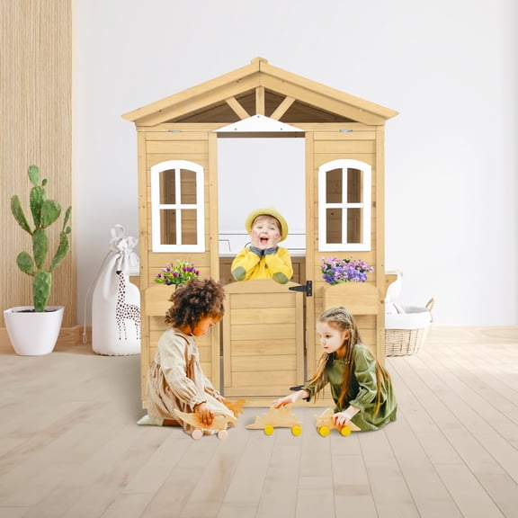 Holaki Wooden Playhouse for Kids Outdoor with Working Door, Windows, Mailbox, Flowers Pot Holder, 39" x 38" x 55.5"