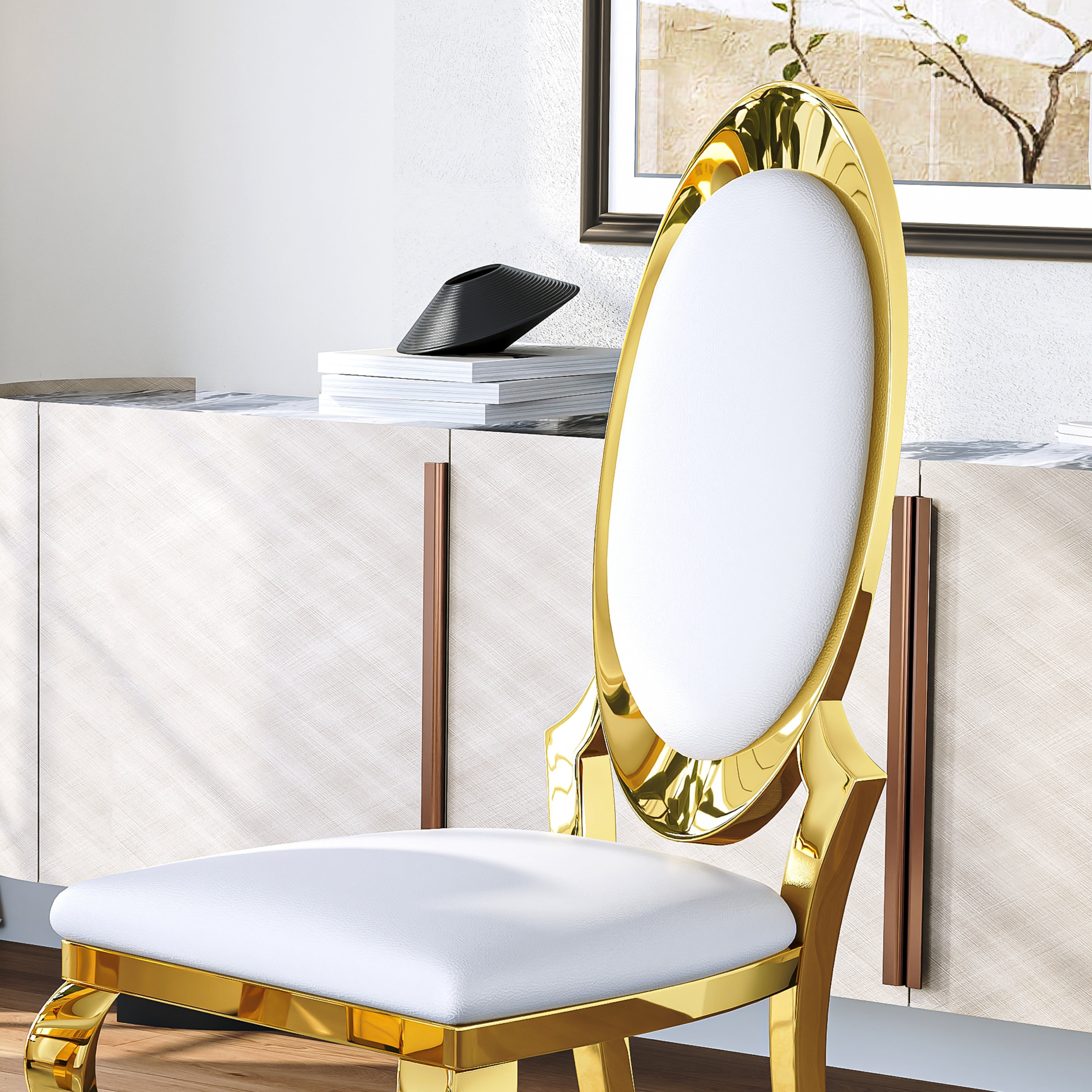 Luxury Dining Chairs Set of 2, Oval Back PU Upholstered Chairs with Stainless Steel Cabriole Legs, Dining Chairs for Kitchen, Living Room, Office