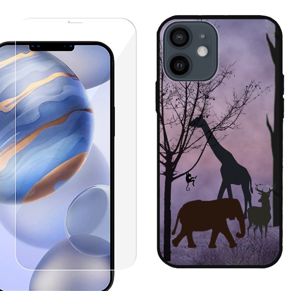 Slim-Fit Protective Phone Case (Black) compatible with iPhone 12 / iPhone 12 Pro, with Tempered Glass Screen Protector, by OneToughShield ® - Twilight Safari