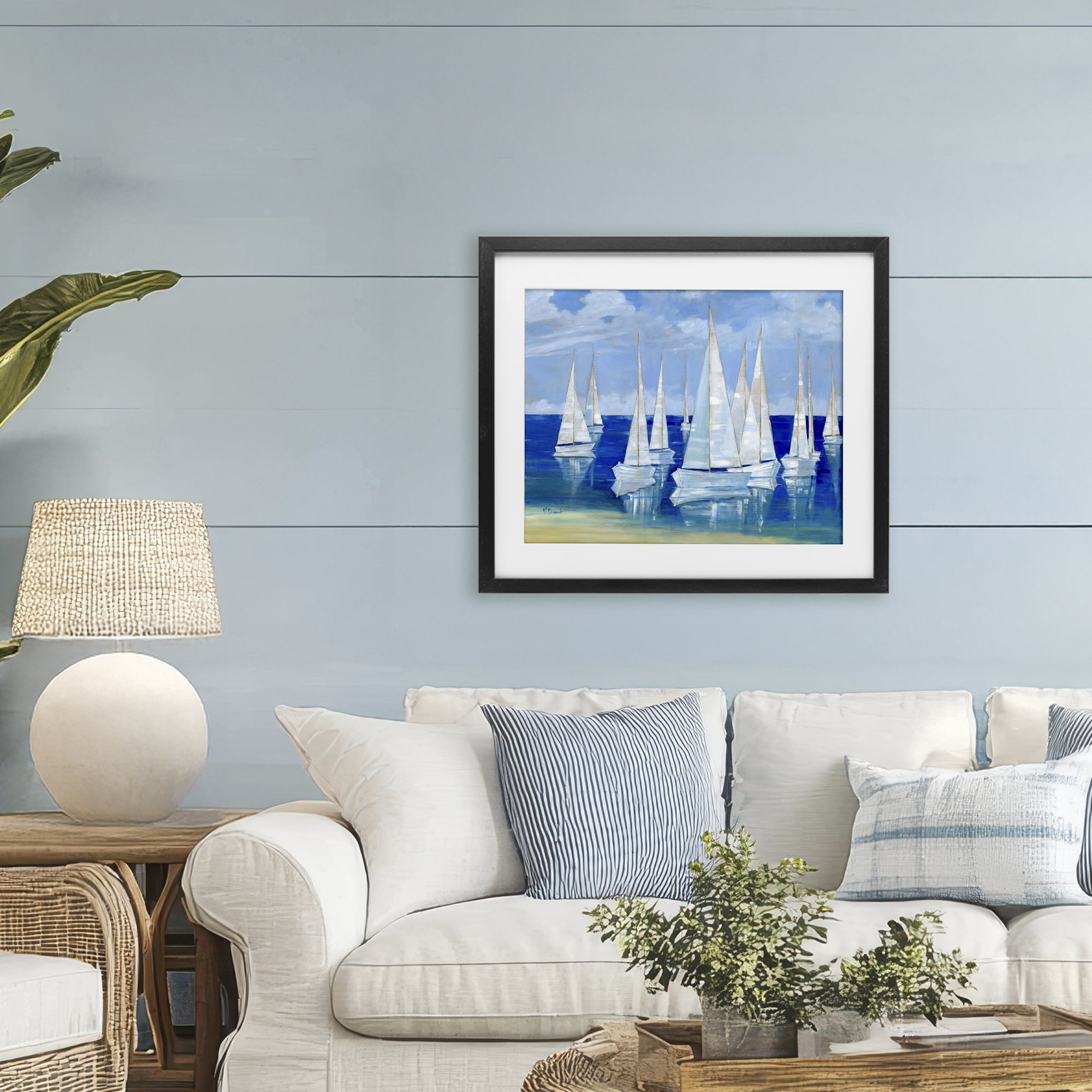 Stupell Industries Blanco Beach Sailboats Black Framed Print Under Glass, design by Paul Brent