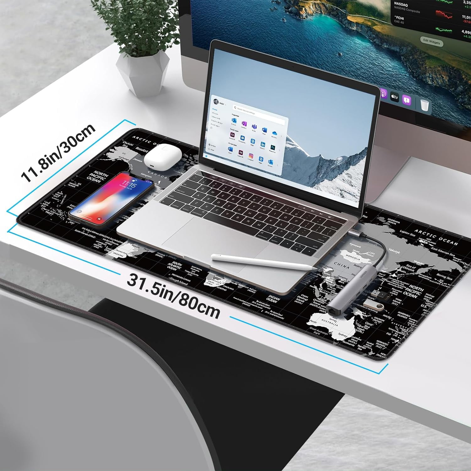 Topographic Contour Gaming Mouse Pad Large,XL Desk Pad Computer Mouse Pad for Keyboard with Stitched Edges, Anti-Slip Base,Waterproof Mousepad,Big Mouse Pad (Black,31.5" x 11.8")