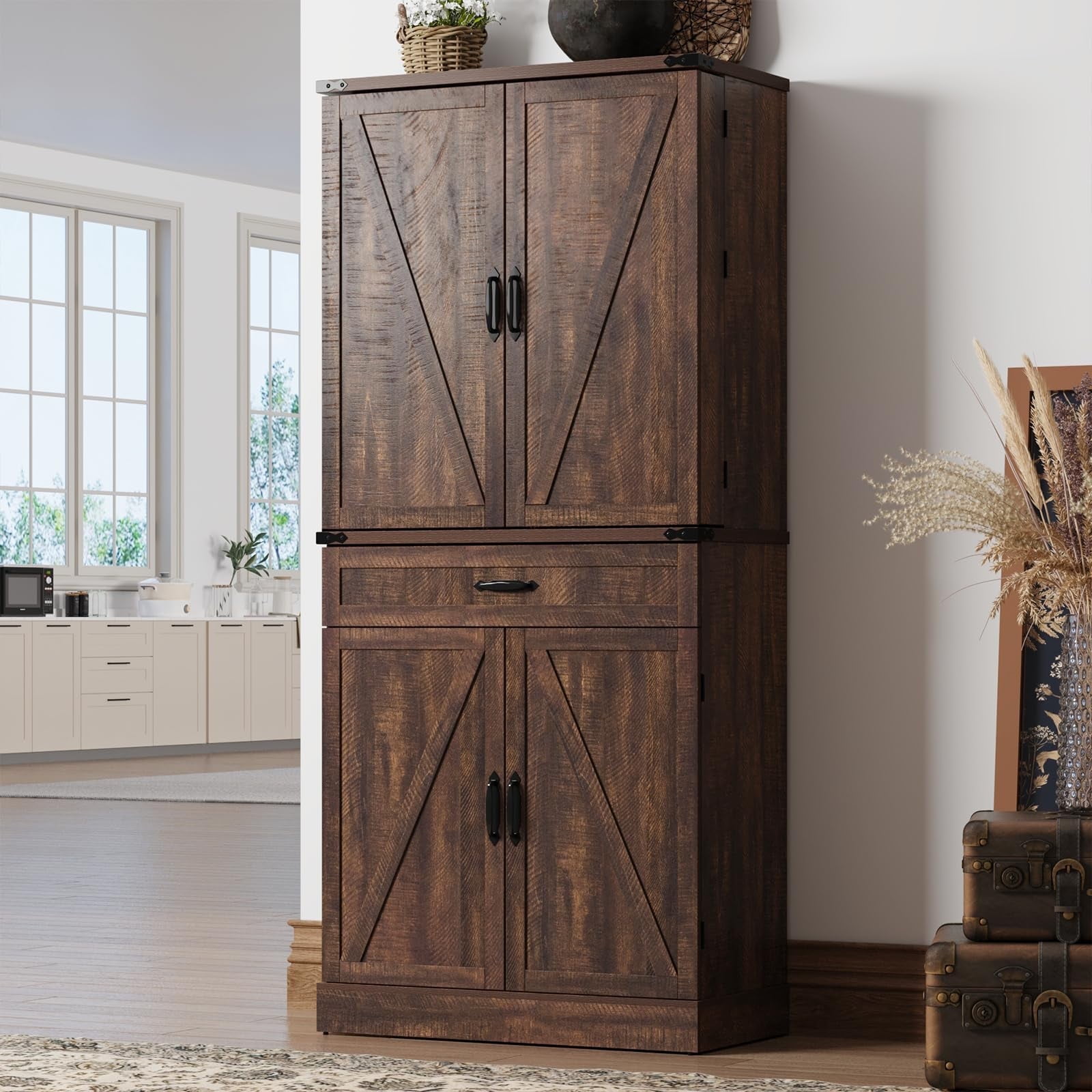 71" Tall Farmhouse Kitchen Pantry Cabinet with 6 Side Shelves & 3 Storage Drawer, Multifunctional Pantry Organizer with Adjustable Shelves & Load-Bearing Steel Pipe for Kitchen,Living Room, Brown