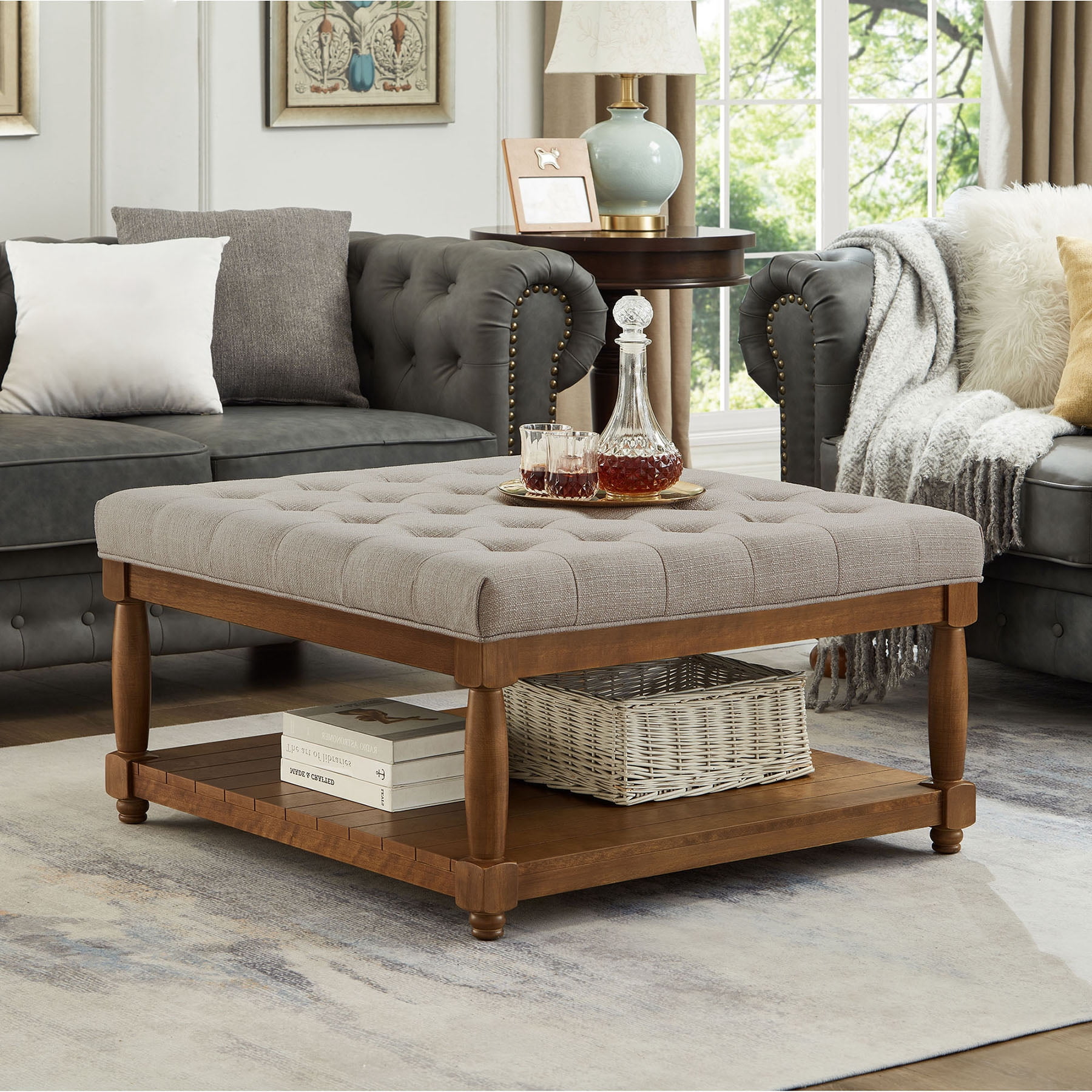 S-HOME Large Square Upholstered Tufted Linen Ottoman, Spacious Coffee Table with Solid Wood Shelf，Linen