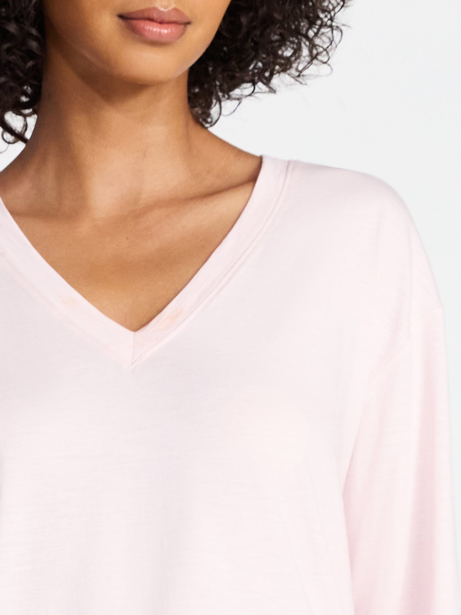 Time and Tru Women's Boxy Slub V-Neck Tee with Long Sleeves, Sizes XS-XXXL