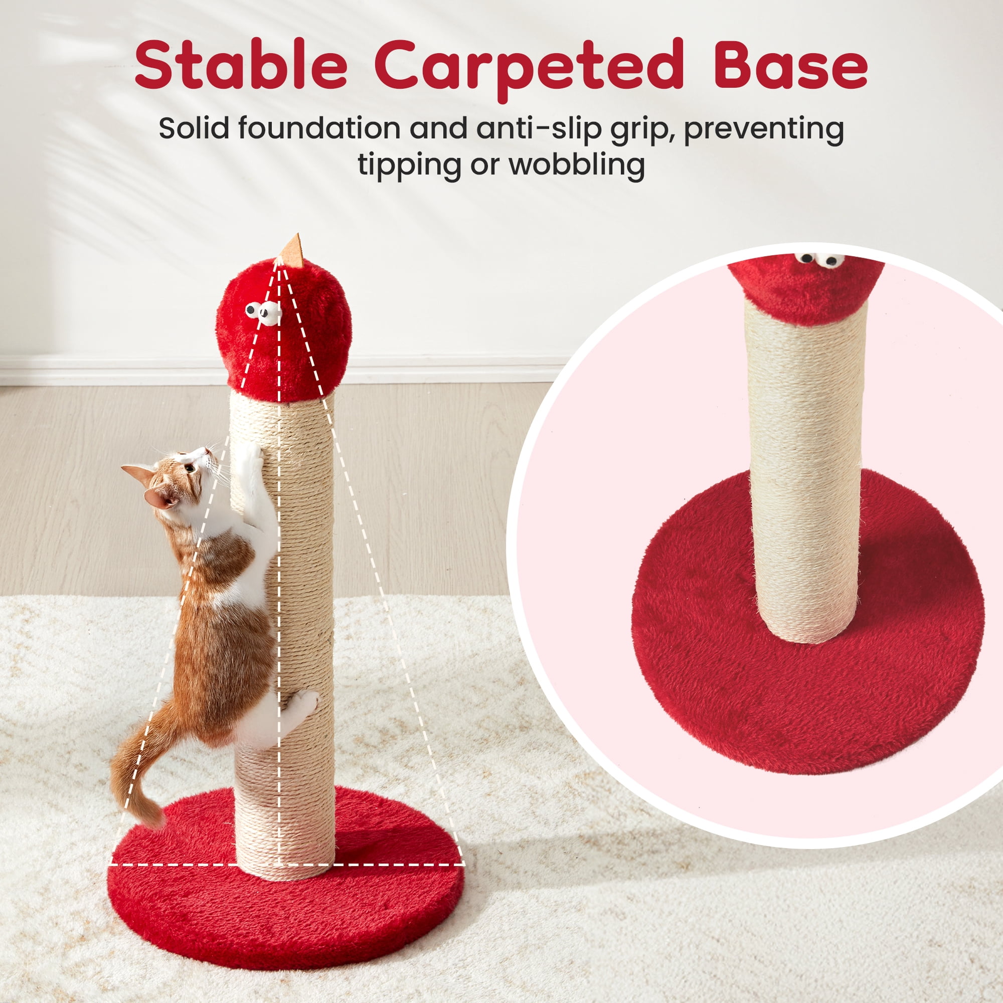 HEYNEMO 22" Cat Scratching Post, Sisal Cat Scratcher with Interactive Hanging Toy, Monster Scratch Pole for Indoor Cats, Cute Cat Scratch Post for Kittens & Large Cats, Red