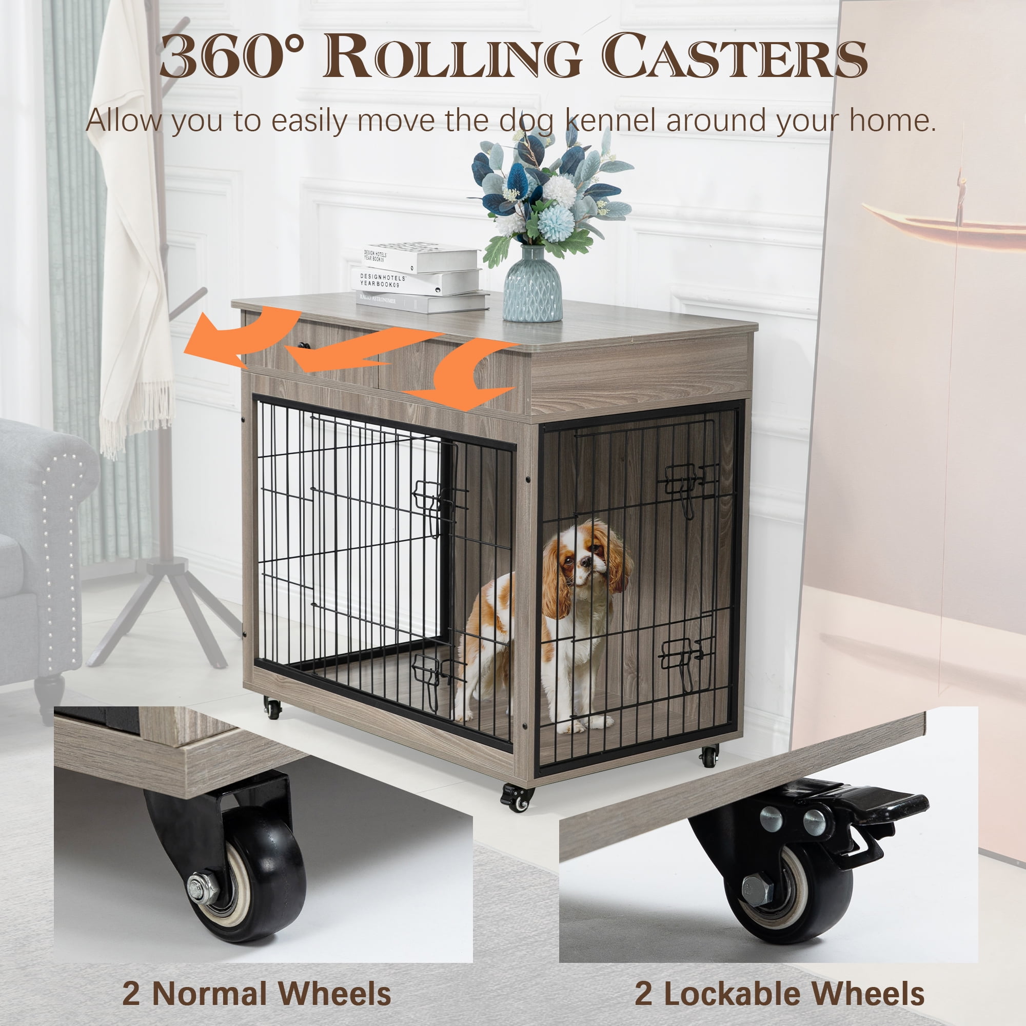 Pefilos 31" Wooden Dog Crate Furniture with 2 Drawers Storage, Indoor Dog Kennel, Heavy Duty Dog Cage for Small, Gray Pefilos 31" Wooden Dog Crate Furniture with 2 Drawers Storage, Indoor Dog Kennel, Heavy Duty Dog Cage for Small, Gray