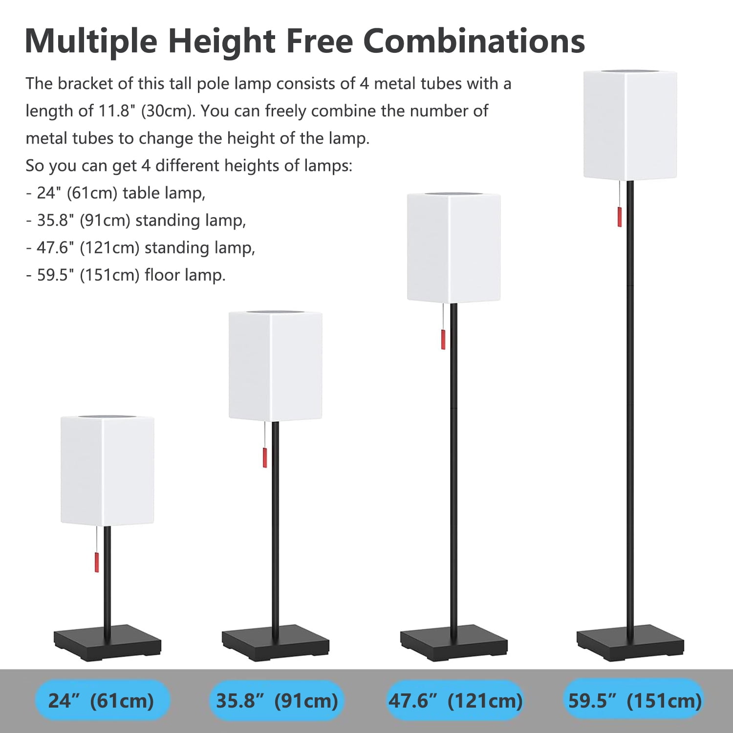 Postlucky 59" Solar LED Floor Lamp Dimmable with Remote Control, RGB Color, USB Charging, Cuboid Shade