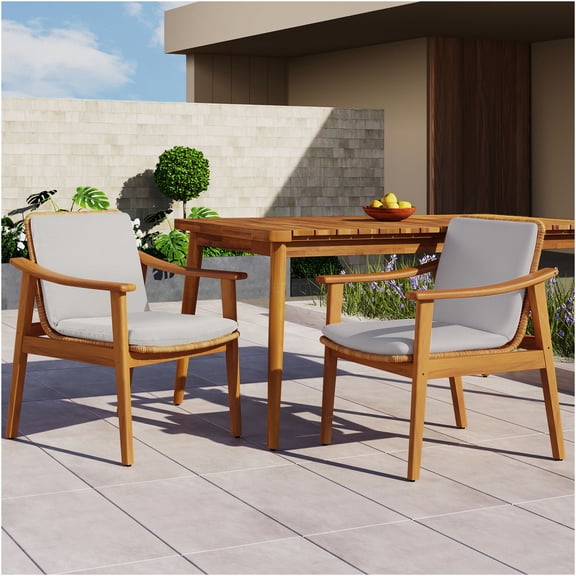 JERFIT 2-Piece Patio Dining Chairs Set with Cushions, Grey & Teak Waterproof Acacia Wood Outdoor Armchairs for Garden, Porch, Deck